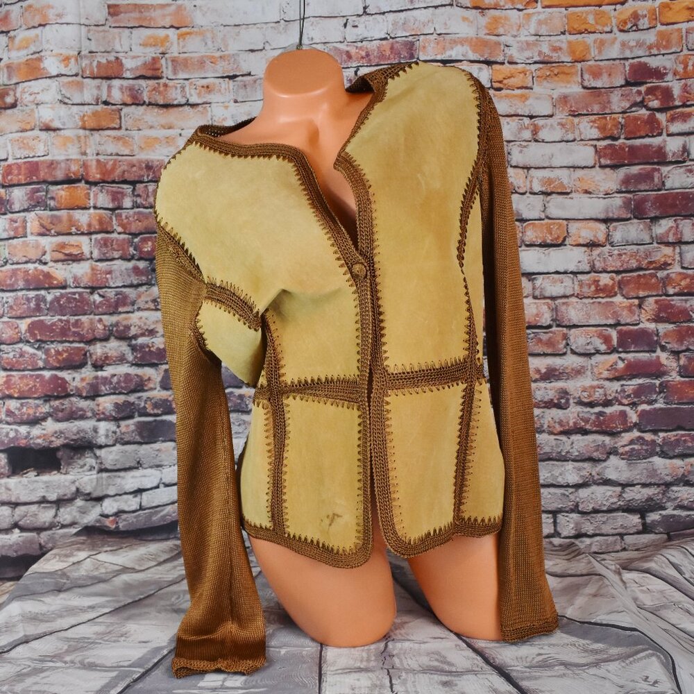 Carducci Sz Medi Leather Suede Jacket  Crochet Patchwork Button Tan Boho Cowgirl